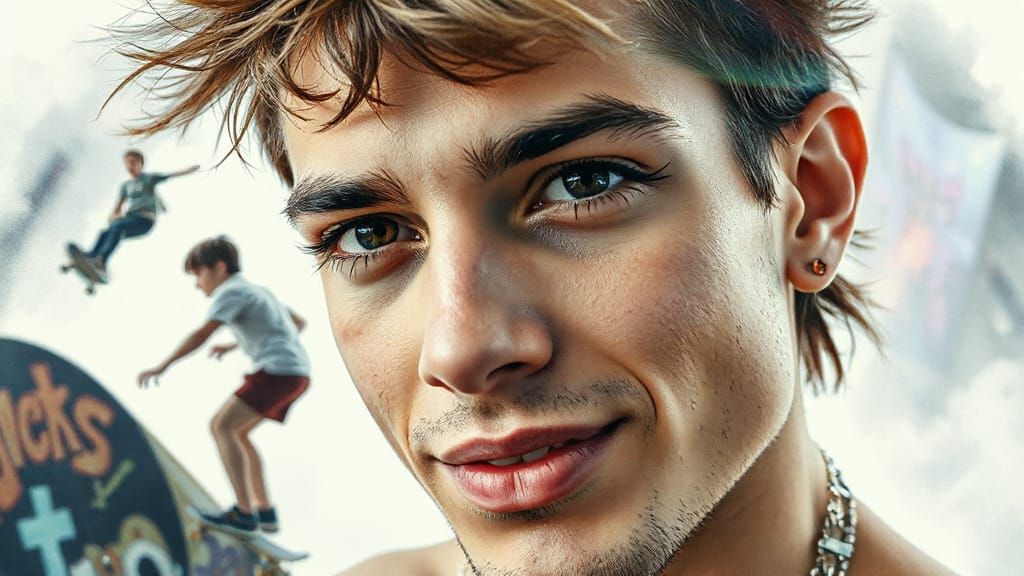 Skateboarder's Dual Exposure Portrait in Stylized Watercolor