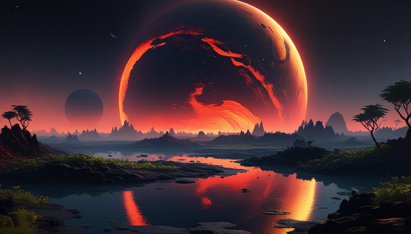 Exotic Planet with Vibrant Jungles and Lava Landscapes