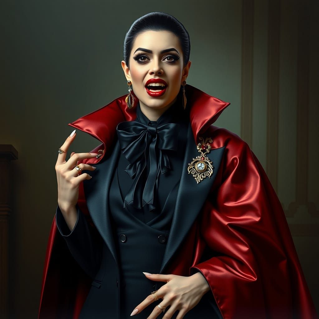 Mysterious Vampire Countess in Dark, Luxurious Attire