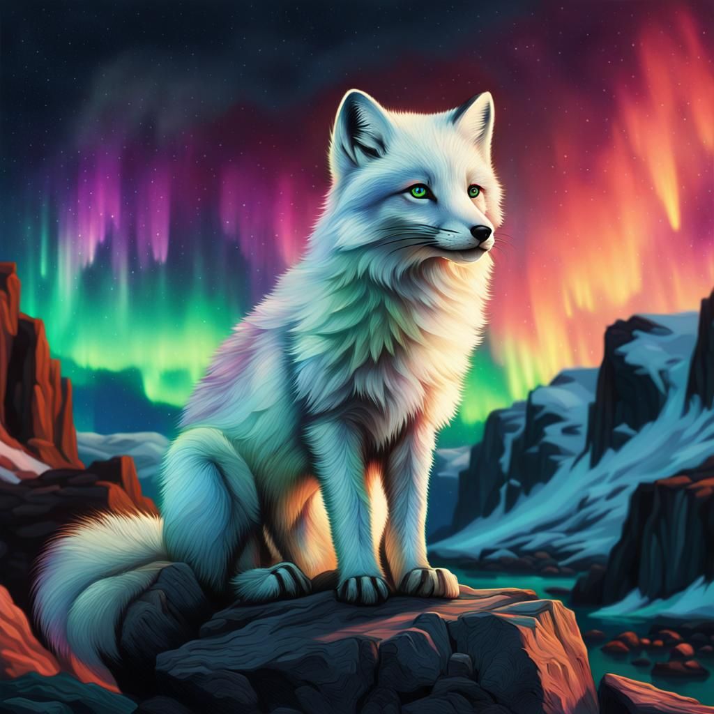 Surreal Arctic Fox Gaze Under Vibrant Aurora