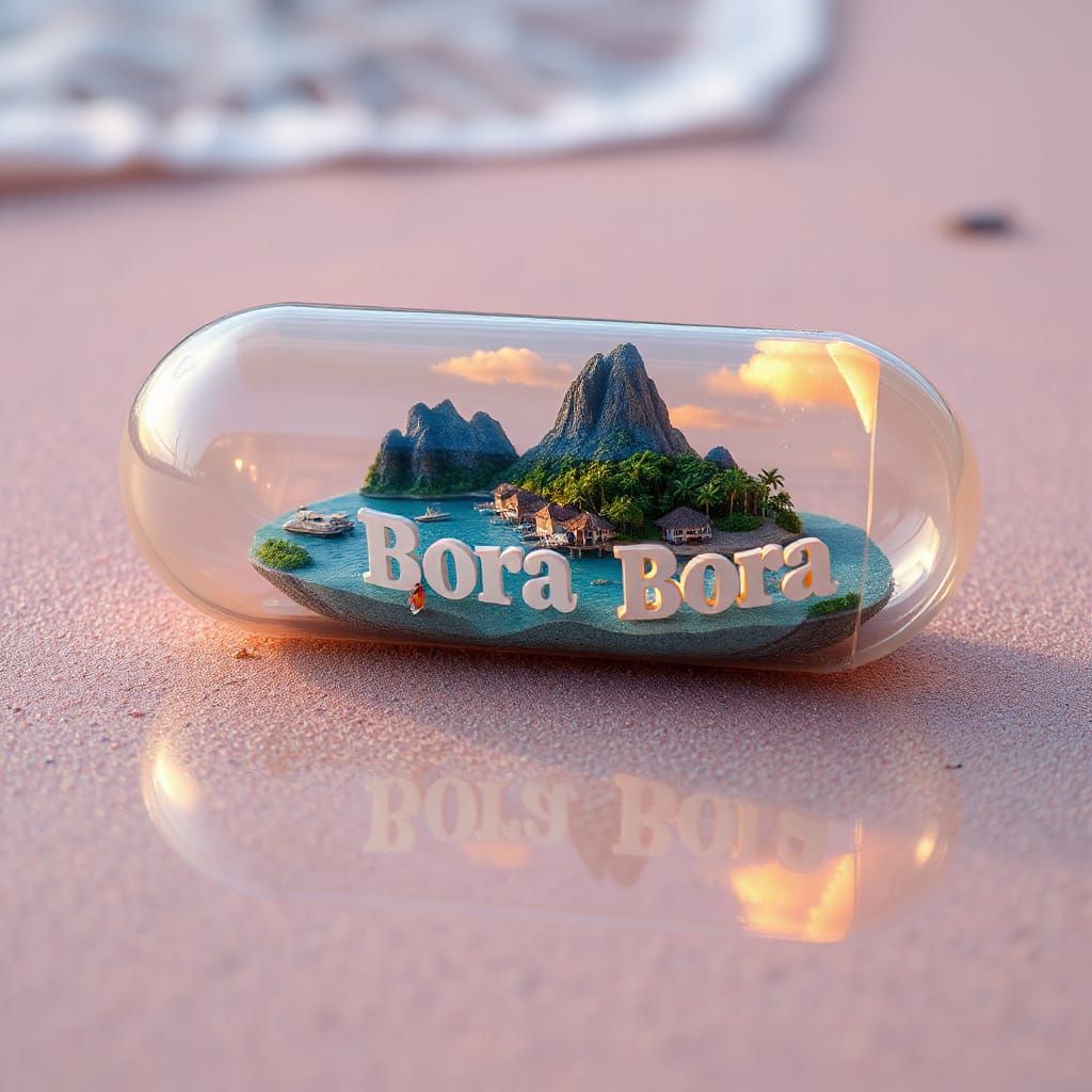 Surreal Beach Scene with Miniature Bora Bora Resort in a Tra...