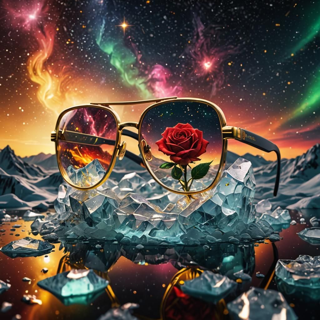 a gold glasses transparent ice rose on a galaxy storm sky, yellow, red, green, black, lile,  wather, stars