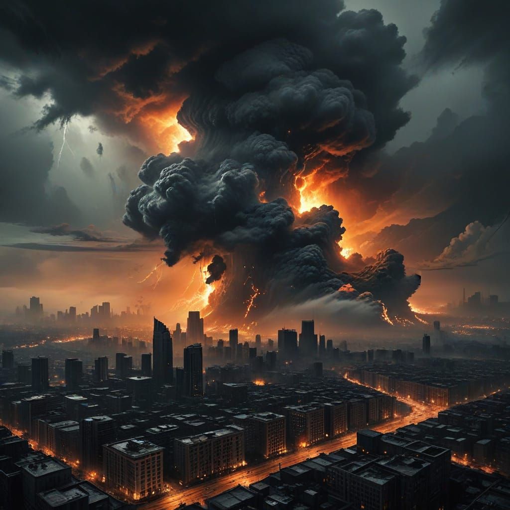 Apocalyptic City Under Giant Death Cloud in Ominous Oil Pain...
