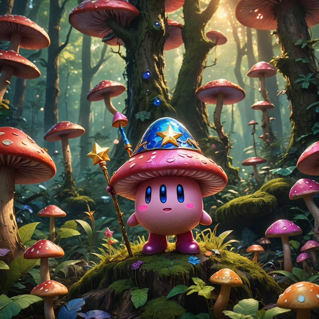 Kirby in Lush Forest with Star Rod