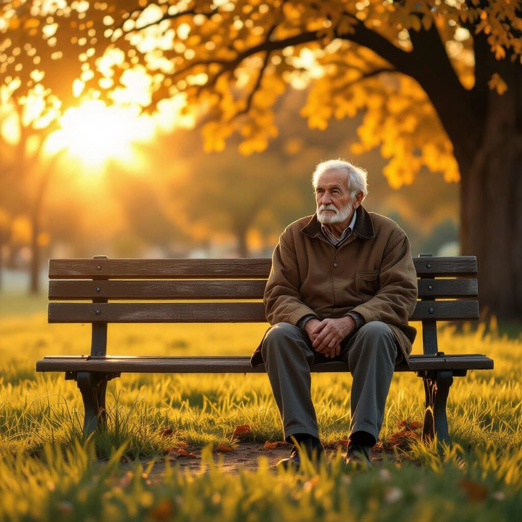 Golden Hour Solitude: Old Man on Park Bench