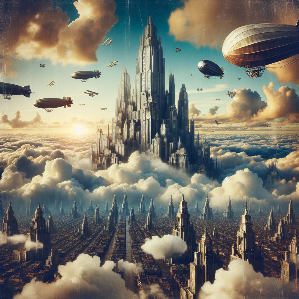 Steampunk Sky City with Dirigibles and Art Deco Buildings