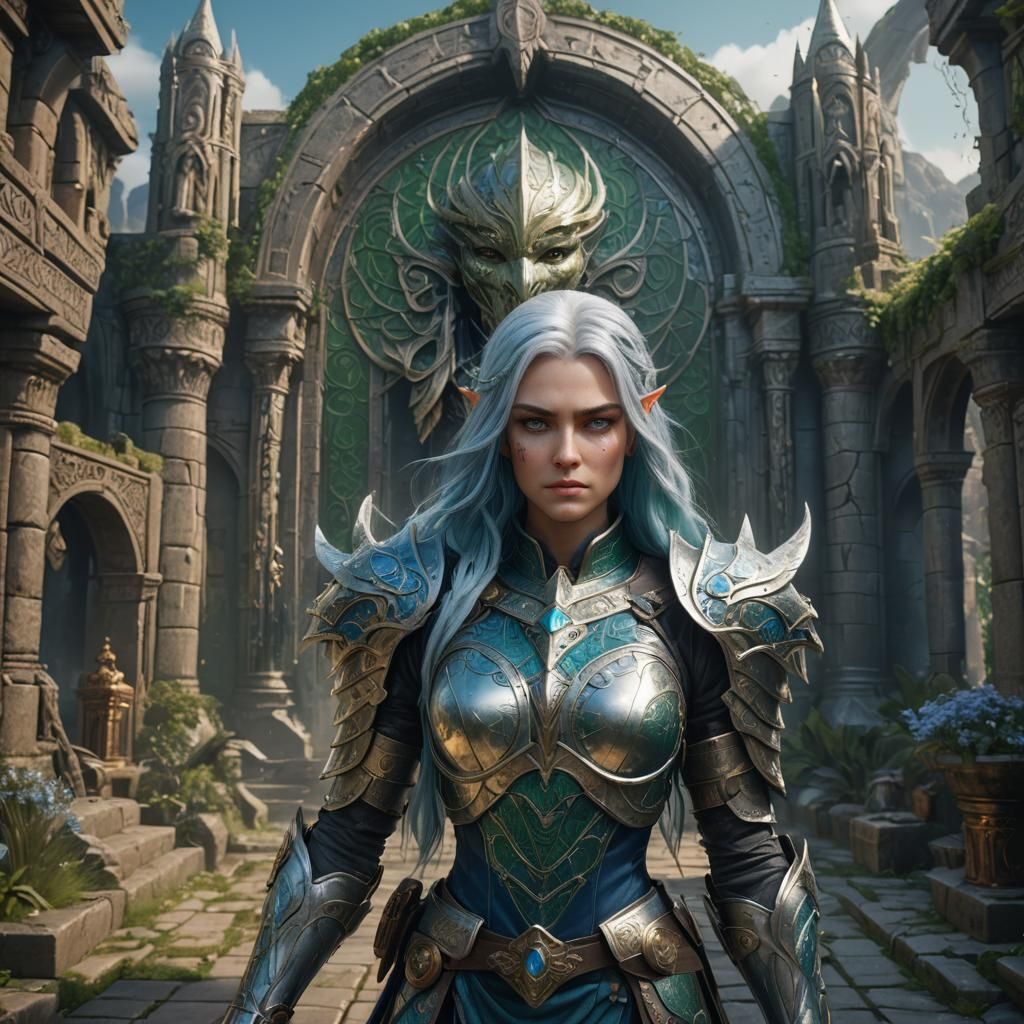 Aasimar Woman in Green Armor: Fantasy Concept Art