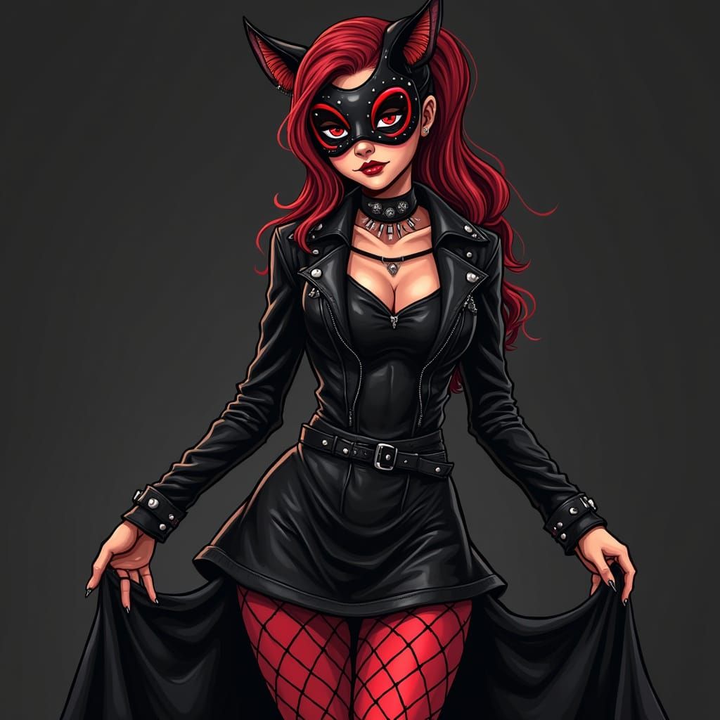 Goth Catgirl in Red and Black Mask