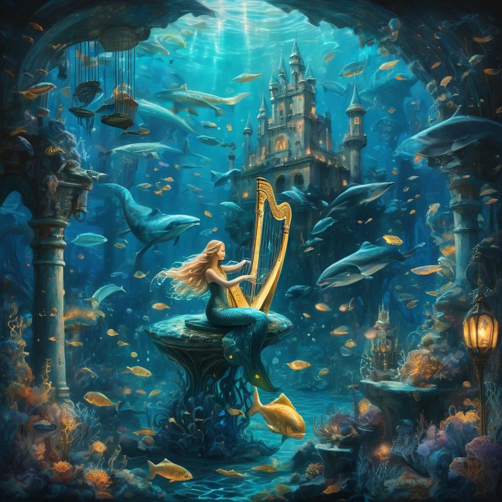 Underwater Mermaid Fantasy Scene in Oil Painting Style
