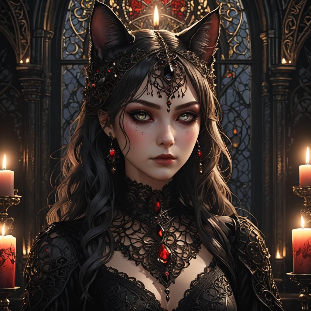 Gothic Anime Cat Girl in Victorian Setting