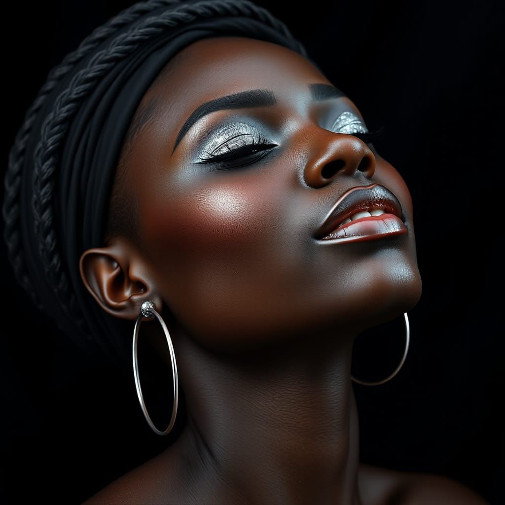 Regal, Dark-Skinned Beauty in Hyperrealistic Portrait