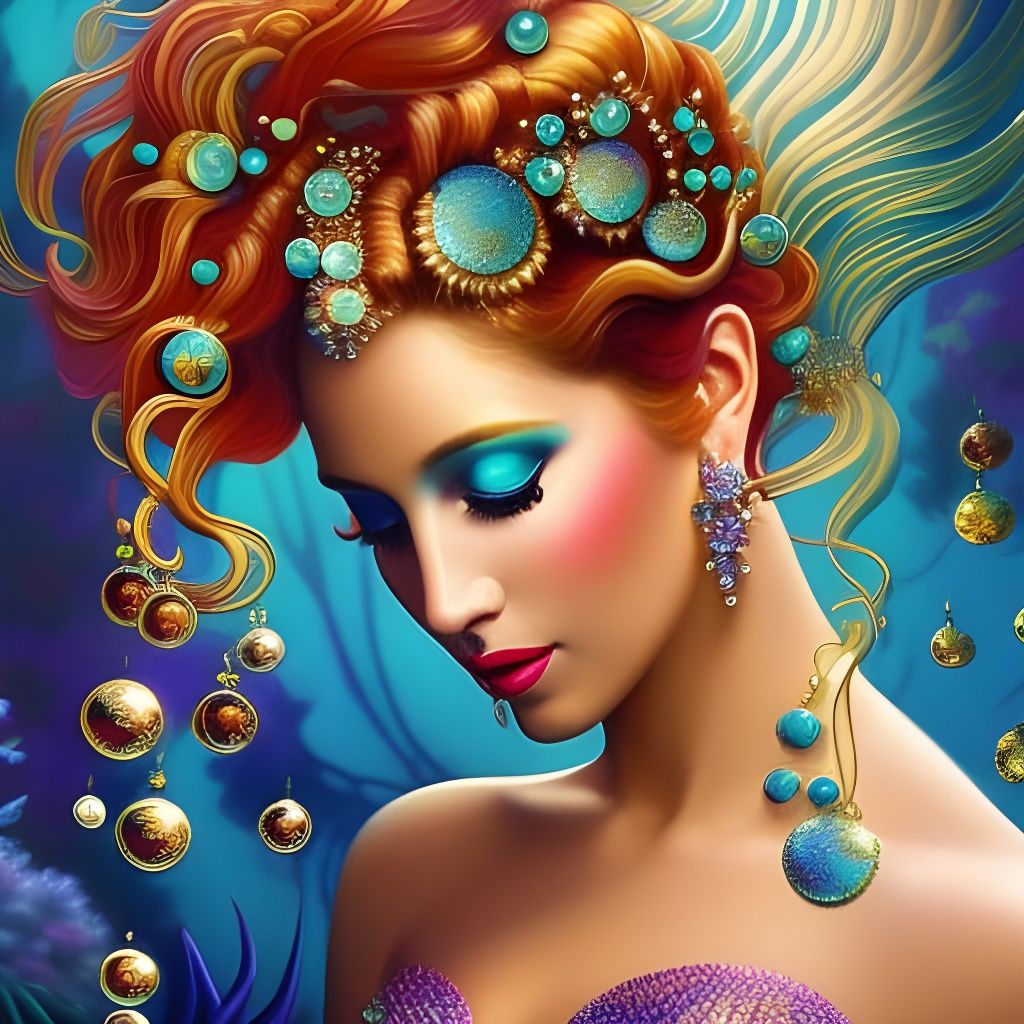 Iridescent Mermaid Portrait in Vintage Style