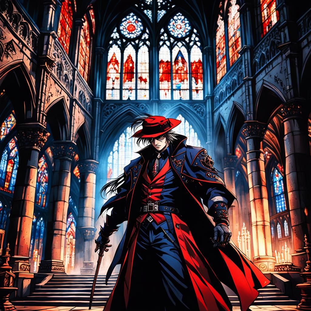 Kouta Hirano Hellsing with red hat fighting anime vampire