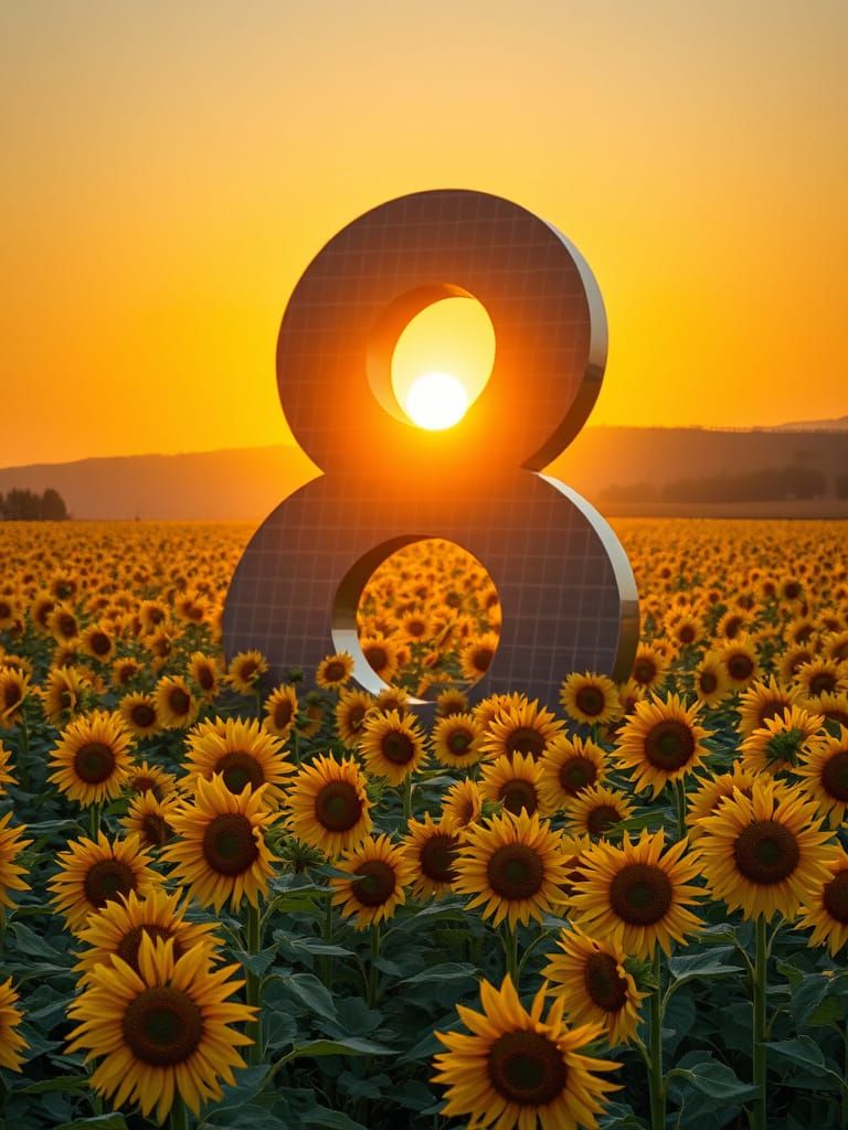 Vast Sunflower Field in Sunset Glow with Modern Geometric Ce...