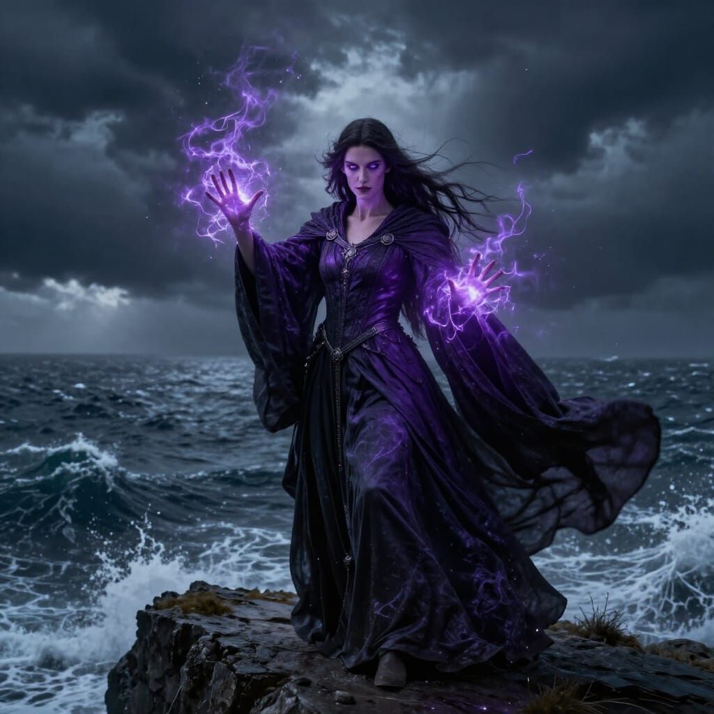 Medieval Sorceress Casting Spell on Stormy Cliff