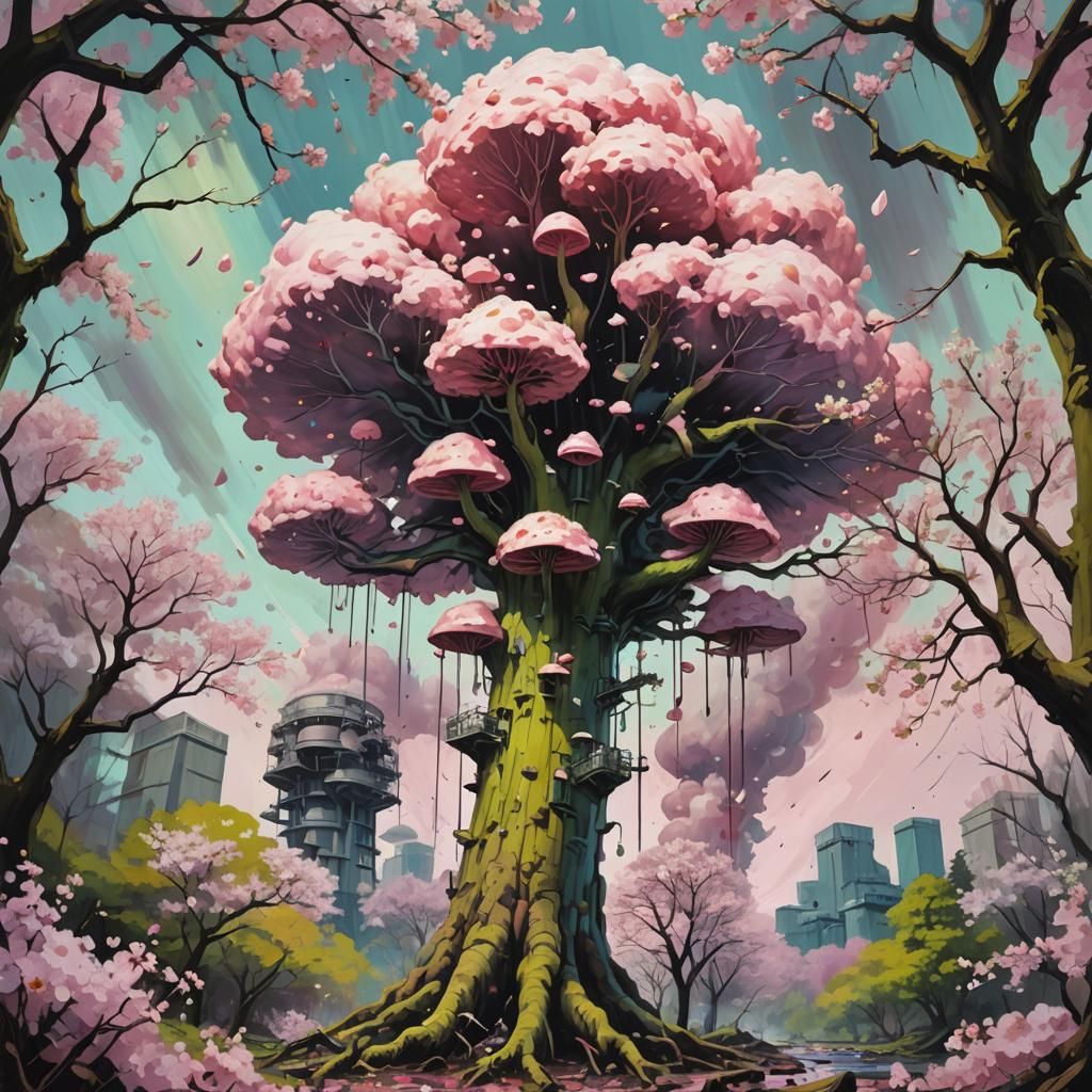 Surreal Nuclear Spring: Oil Painting of Destruction