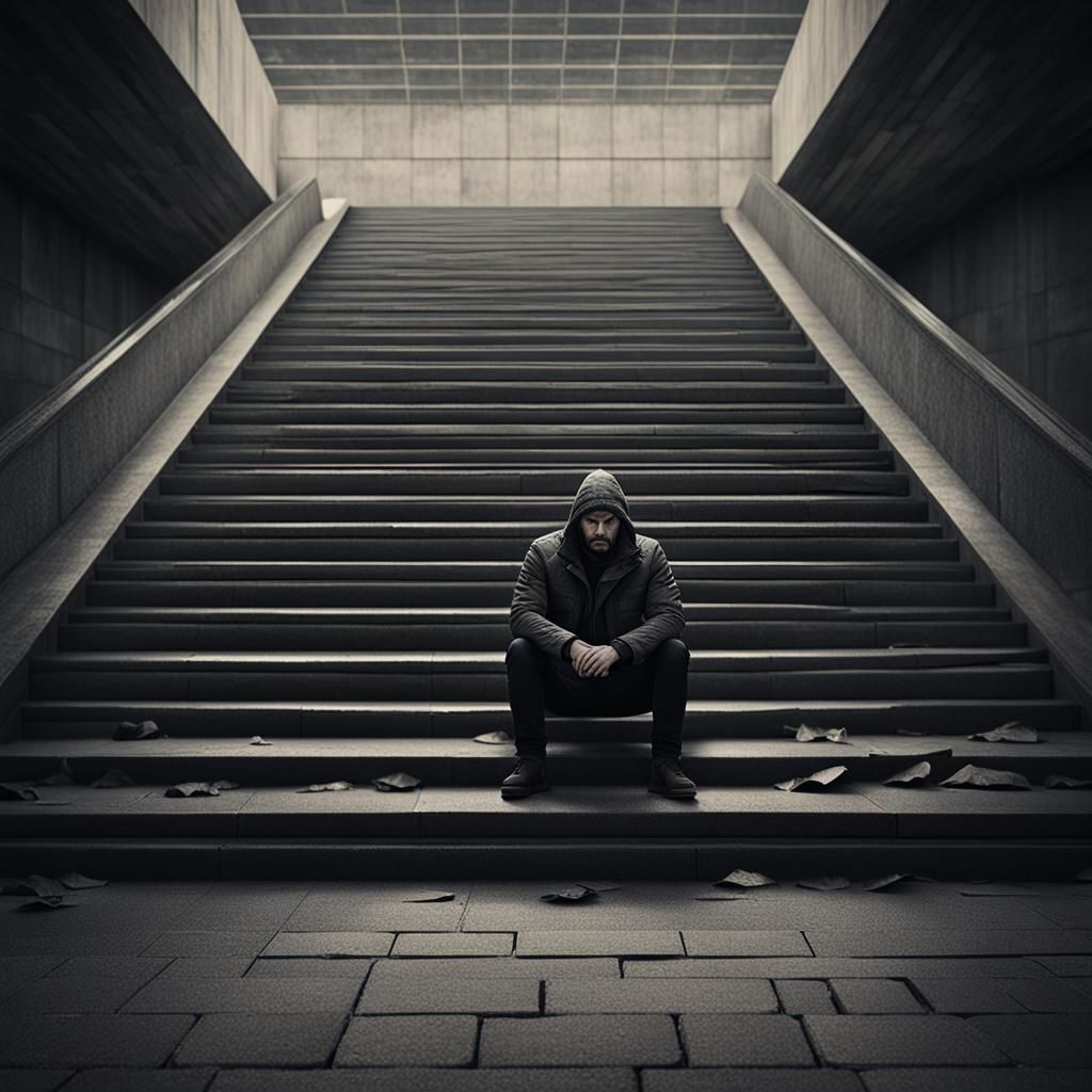 Man Alone on Stairs in Anton Semenov Style