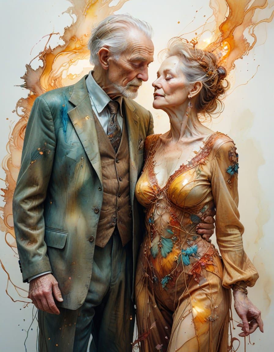 Surreal Elderly Couple in Avant Garde Attire, Dreamlike Wate...