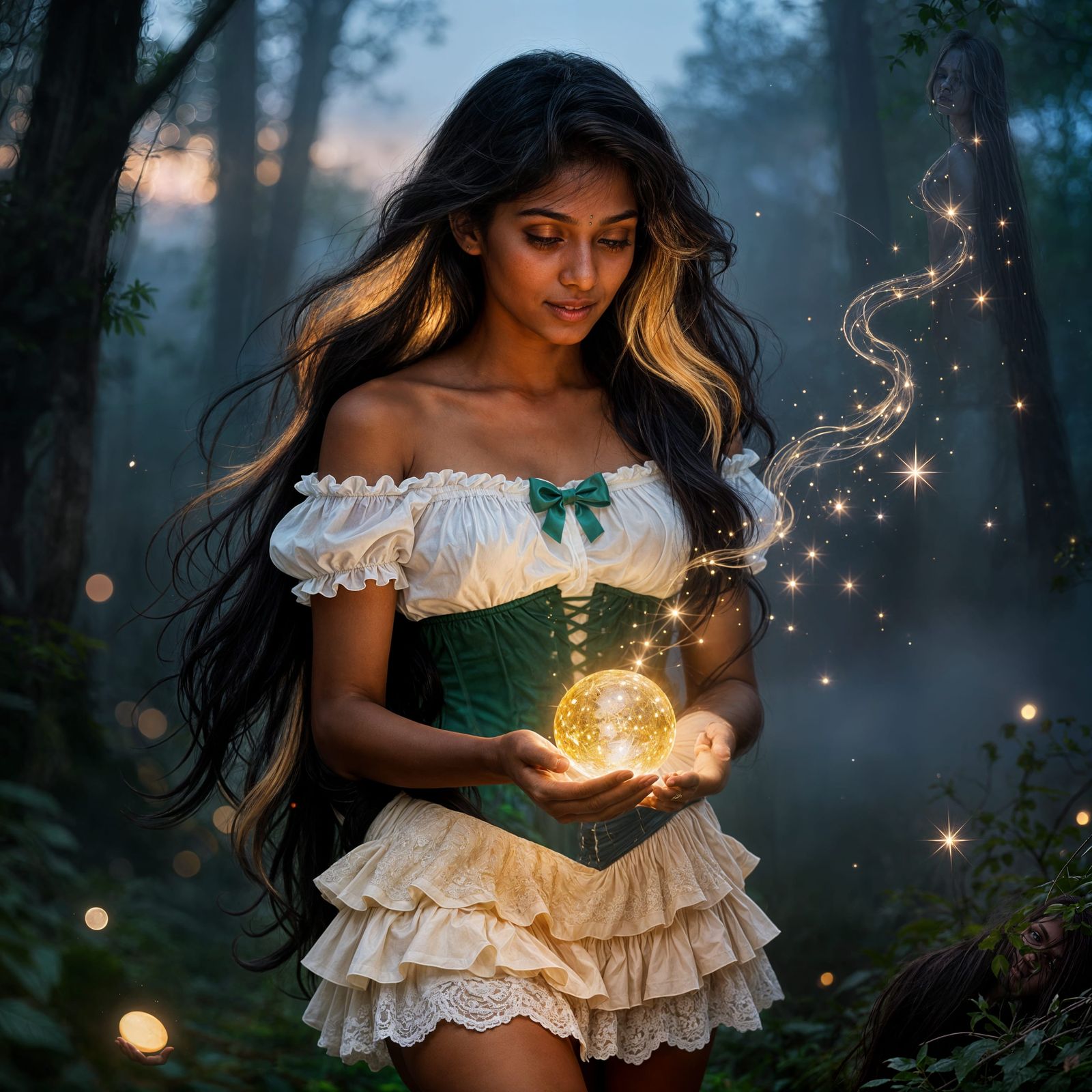 Woman with Glowing Orb in Enchanted Forest