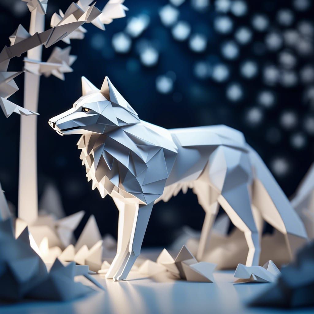 Epic White Wolf in Origami Papercraft Style