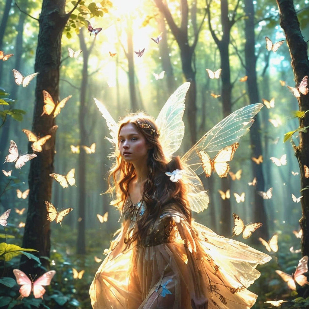 Hyperrealistic Fairy Flight in Forest Sunlight