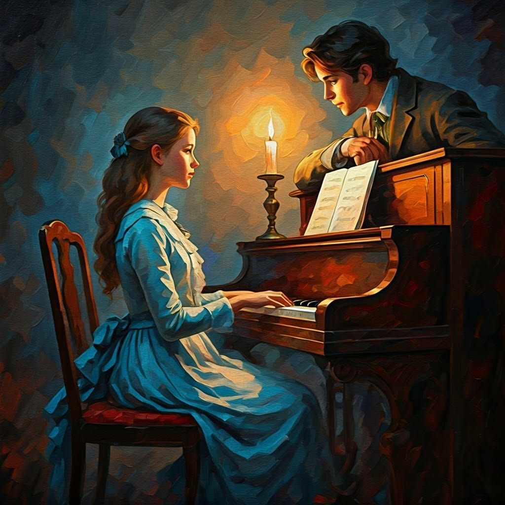 Victorian Girl Plays Piano in Impasto Painting