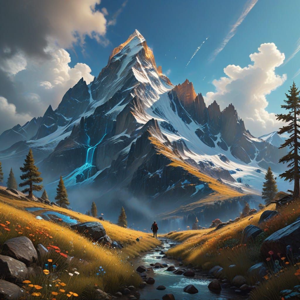 Ethereal Snow-Capped Mountain in Impressionist Style