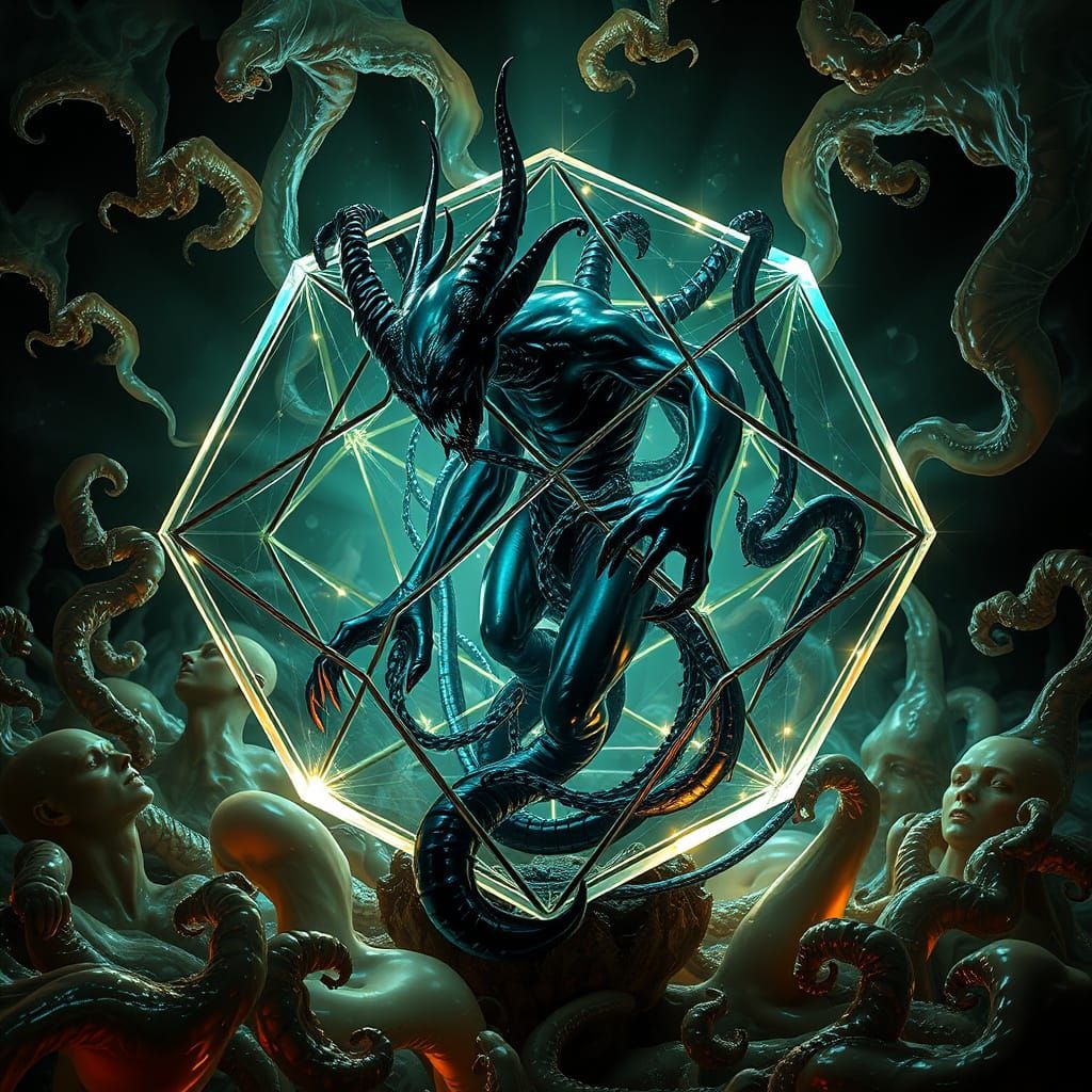 a ferrofluid  demon trapped in a 4D tesseract suspended in a living landscape of liquid-like organic  morphing human for...