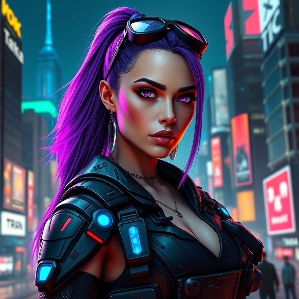 Cyberpunk Warrior Goddess in Neon Dystopia