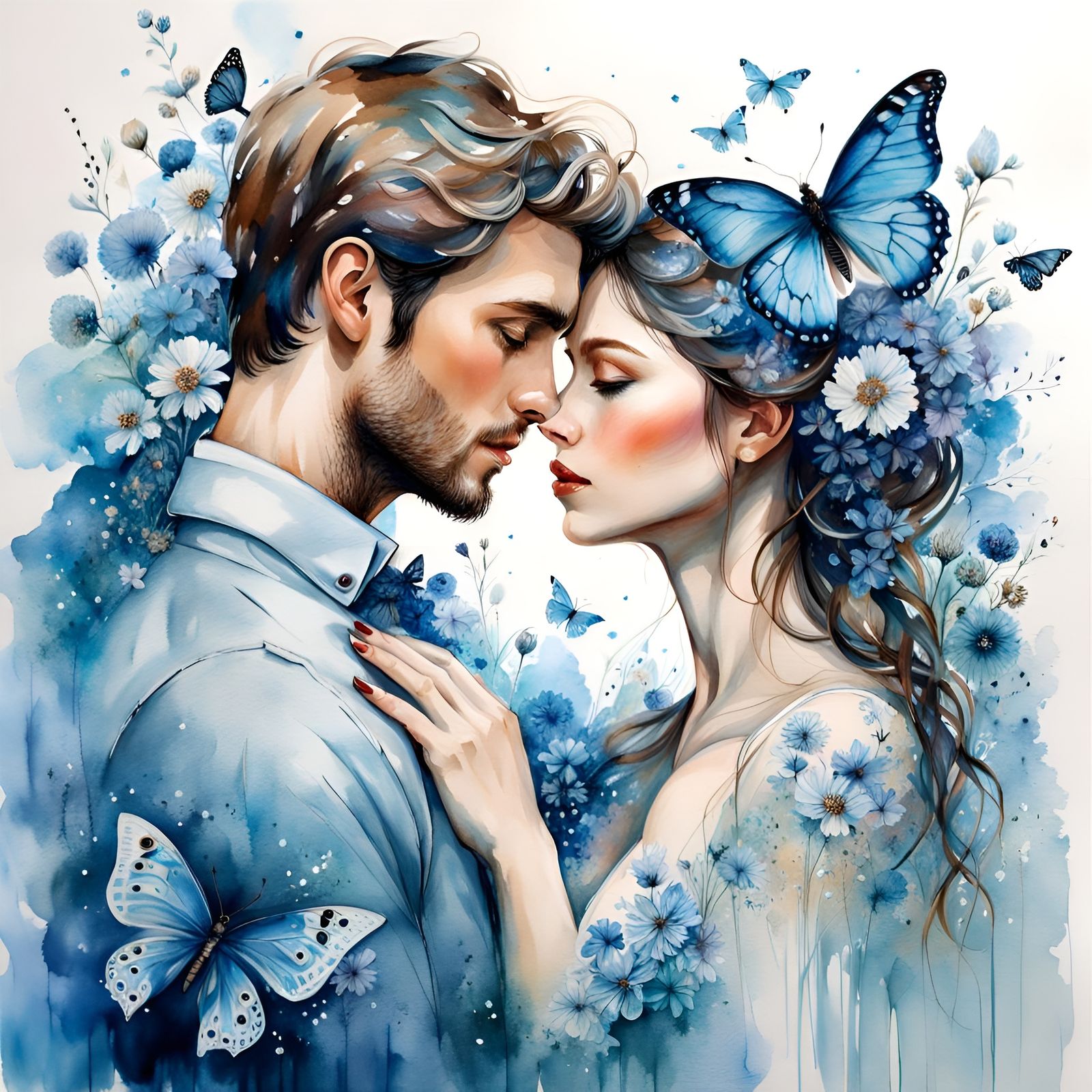 Romantic Couple in Blue Watercolour with Butterflies