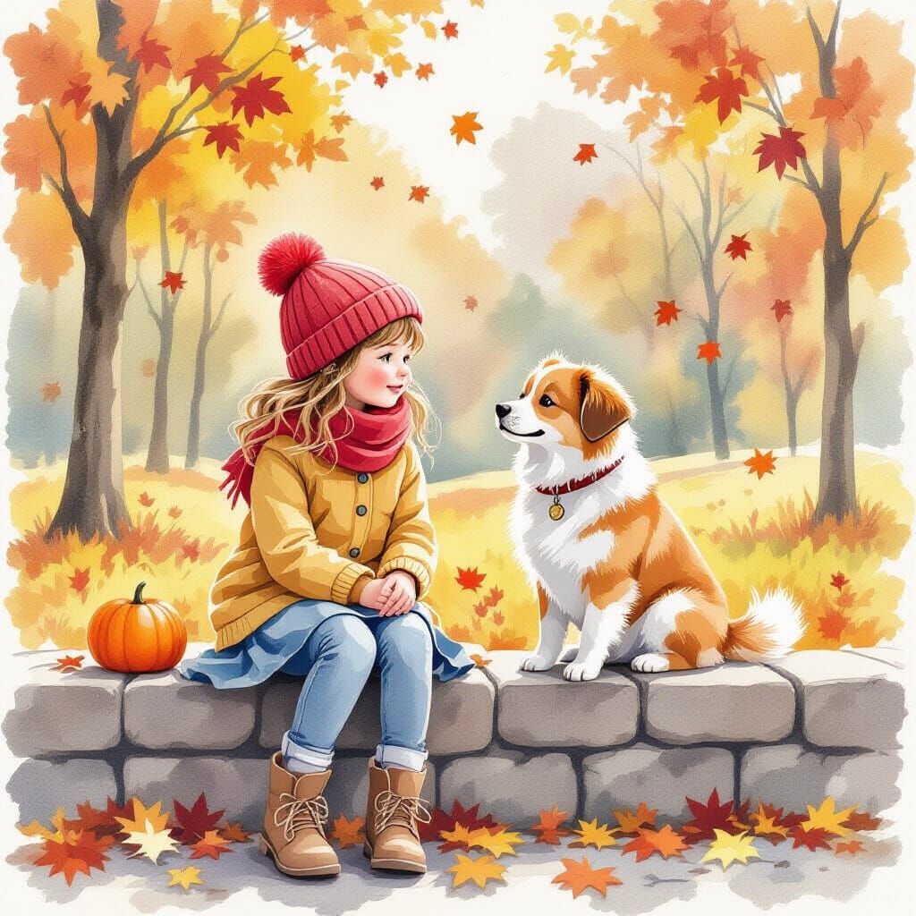 Little Girl and Dog in Autumn Watercolor
