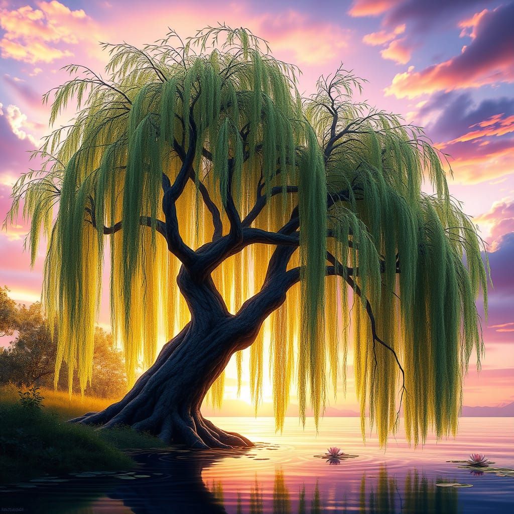 Majestic Weeping Willow Tree in Vibrant Gradient Sky