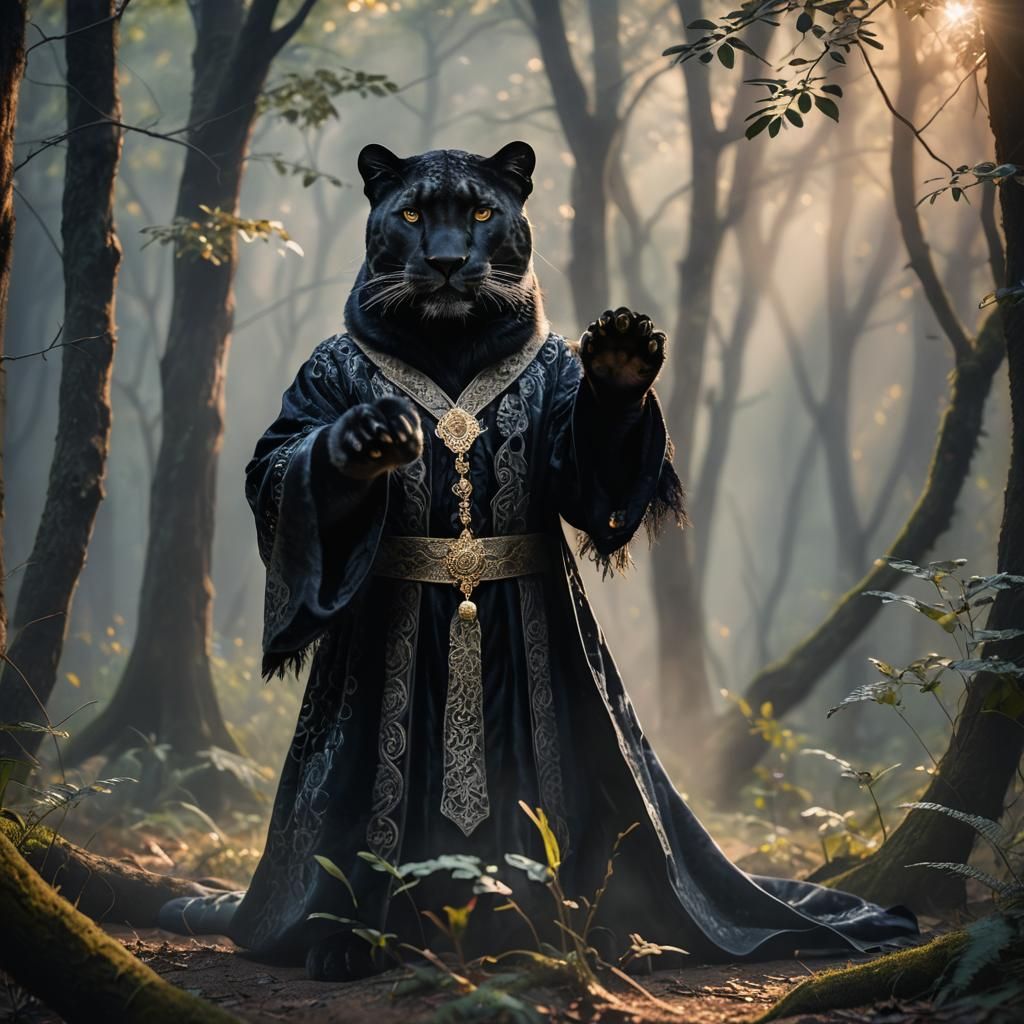 Enchanting Leopard Magician Portrait in Misty Forest