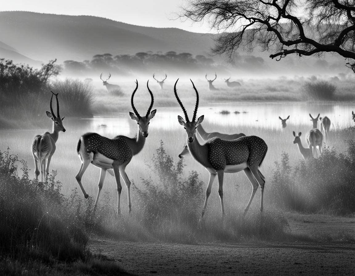 Pilanesberg Reserve Park at Dawn: Black and White Photograph...