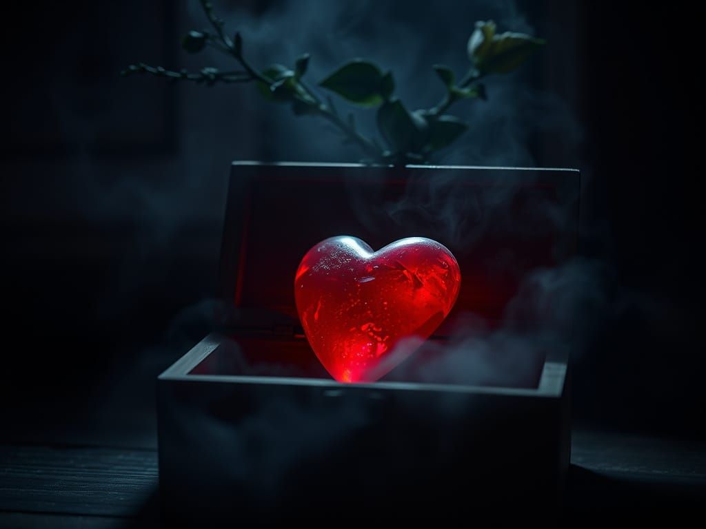 Glowing Heart Stone in Antique Box at Night