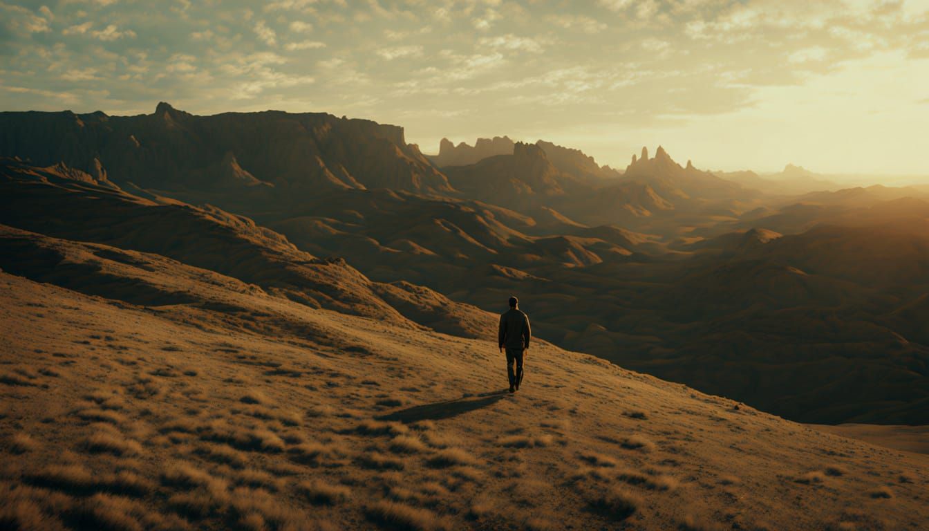 Lone Figure in a Vast Hyperrealistic Landscape