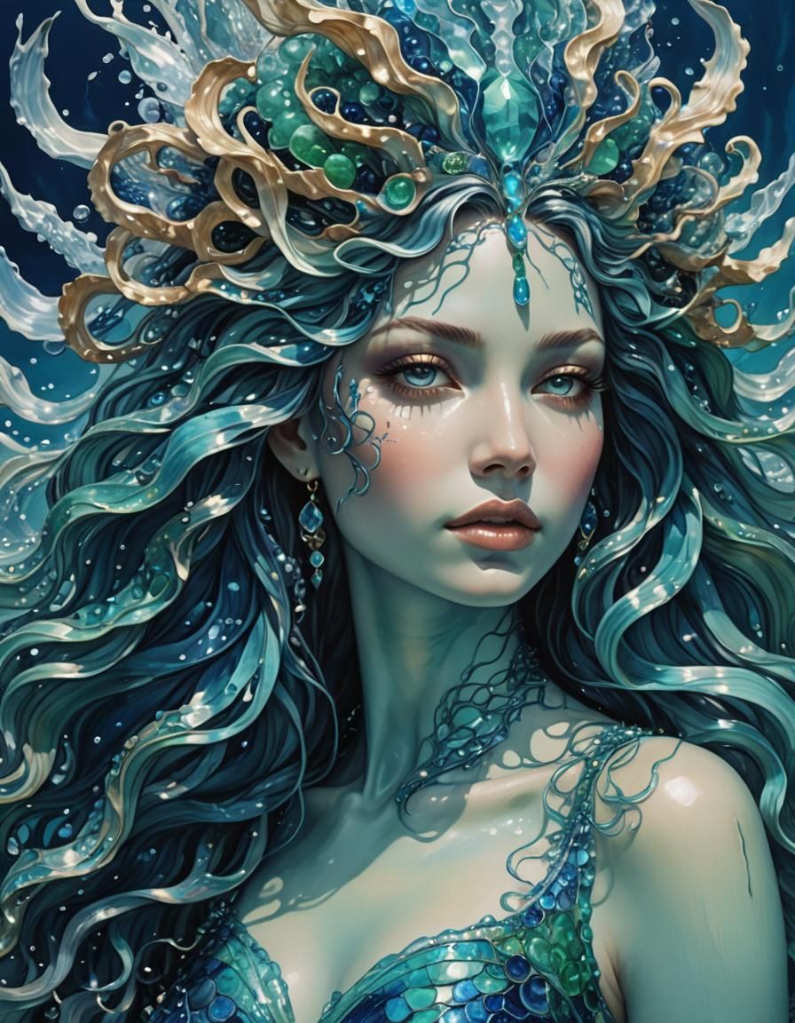 Sea Goddess Portrait in Sapphire and Turquoise