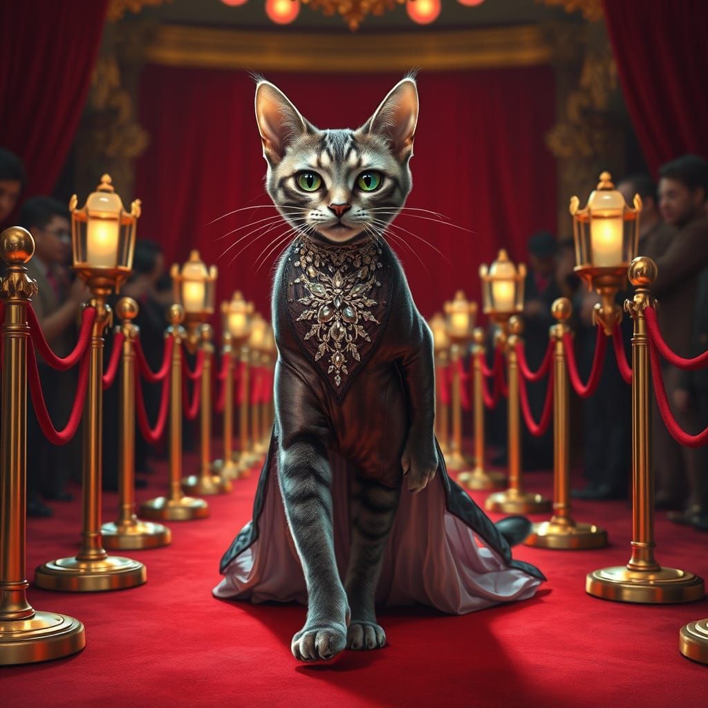 Fanciful Art Nouveau Cat Walks Red Carpet in Opulent Evening...