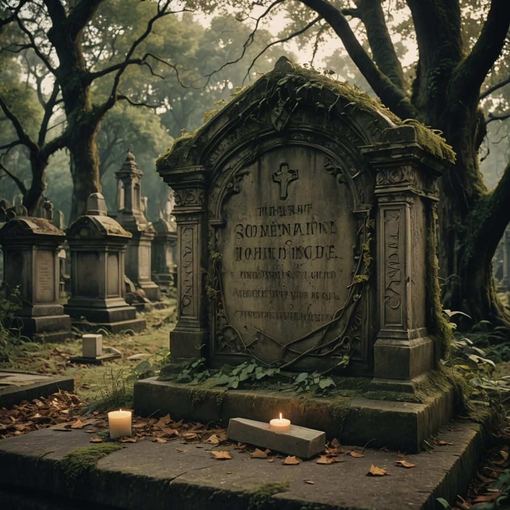 Gothic Graveyard Scene with Weathered Gravestone