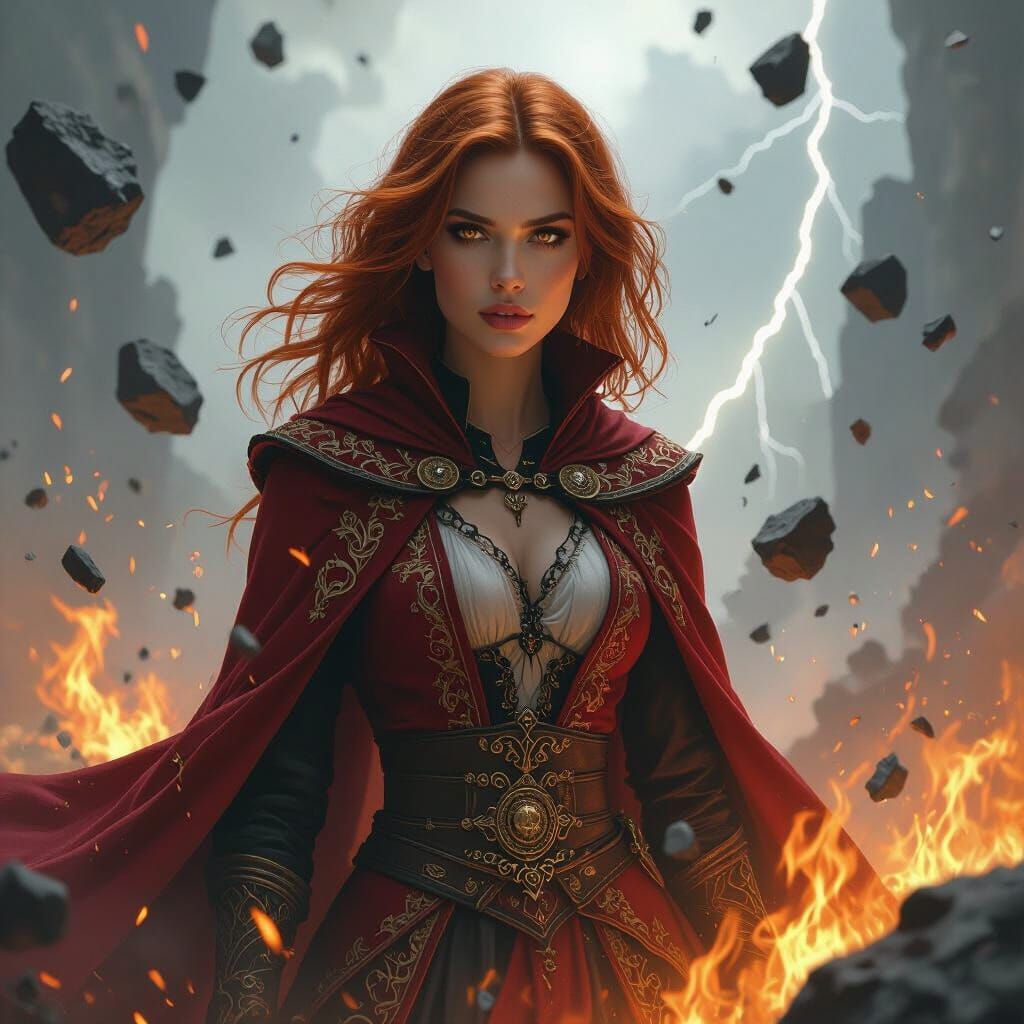 Fiery Sorceress in Chaotic Vortex, Dramatic Lighting