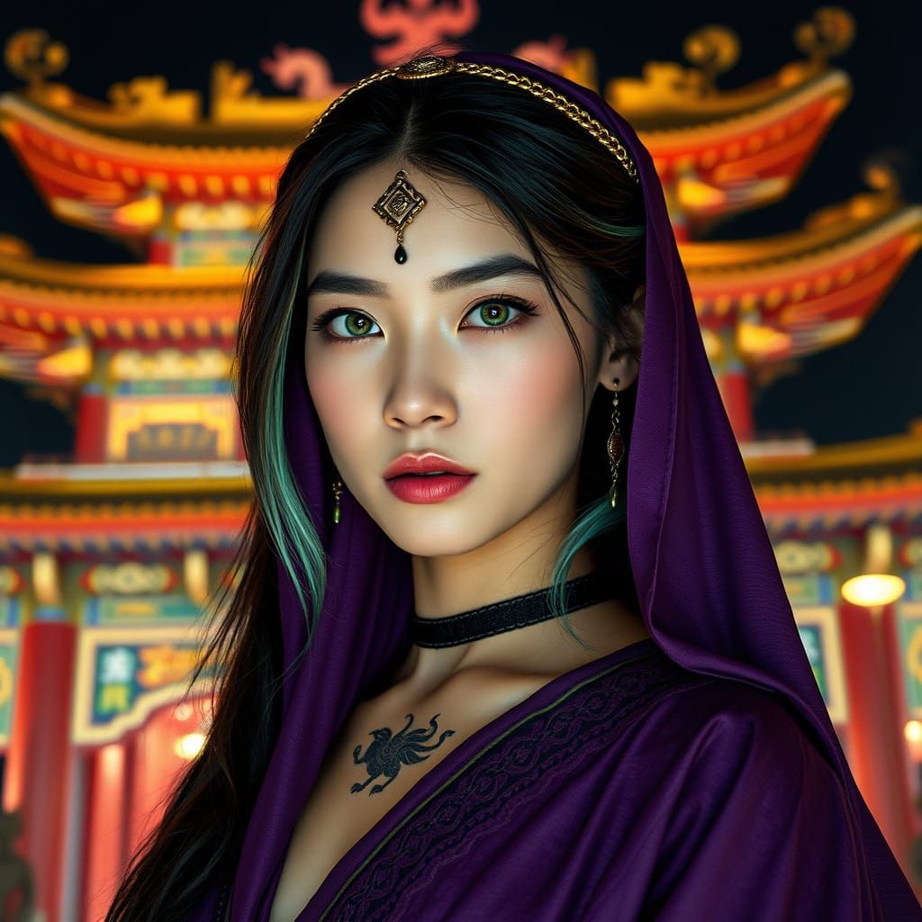 Ethereal Woman at Dragon Temple in Cinematic Style