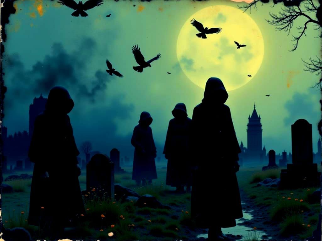 Spooky Ghouls in Moonlight Cemetery with Bats