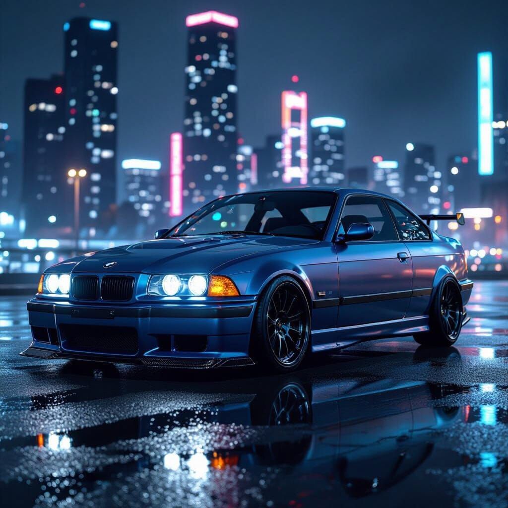 Matte Blue BMW E36 Coupe with BBS Wheels at Night