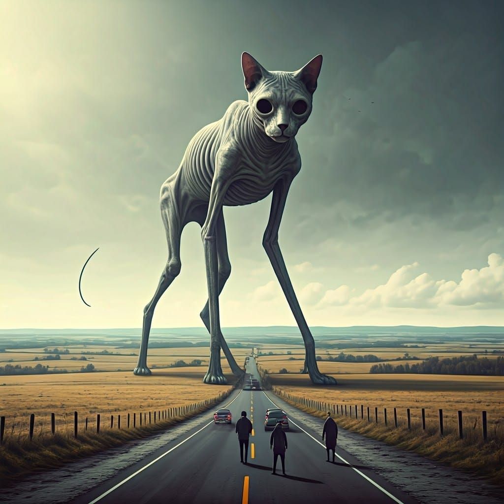 Gigantic Skeletal Cat Halts Traffic in Eerie Field