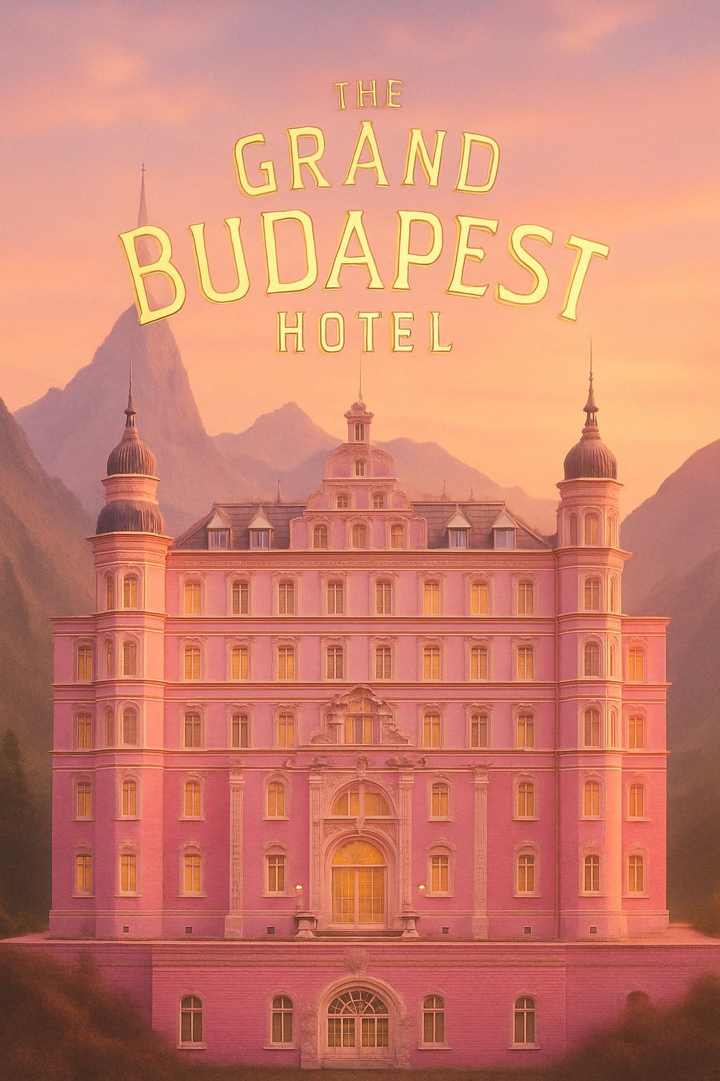 Grand Budapest Hotel Poster with Pink Glow and Gold Title