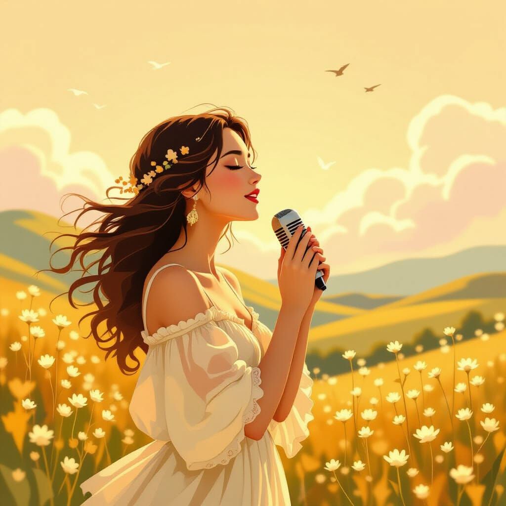 Woman Singing in Art Nouveau Style with Pastel Colors