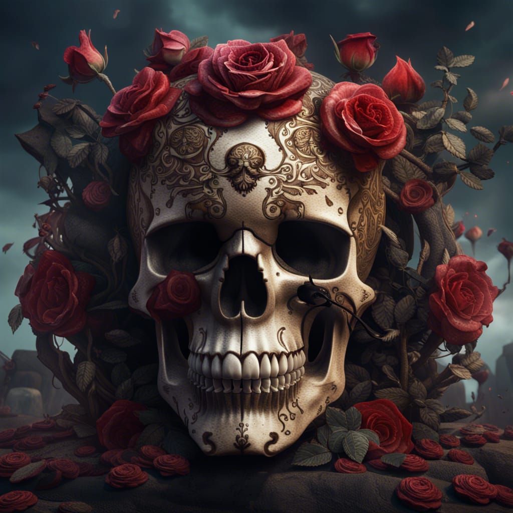 Detailed Skull with Roses Fantasy Concept Art