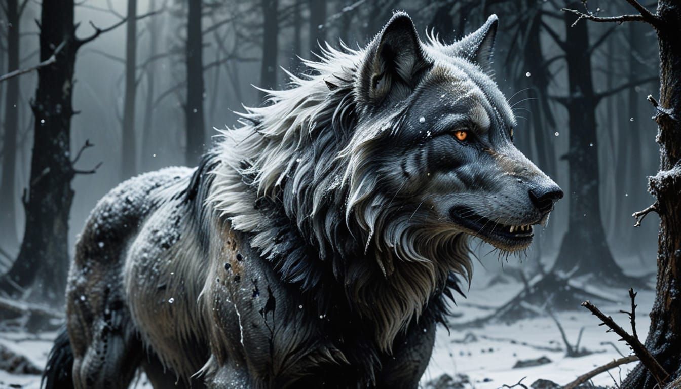 Monstrous Wolf in a Dark Winter Landscape
