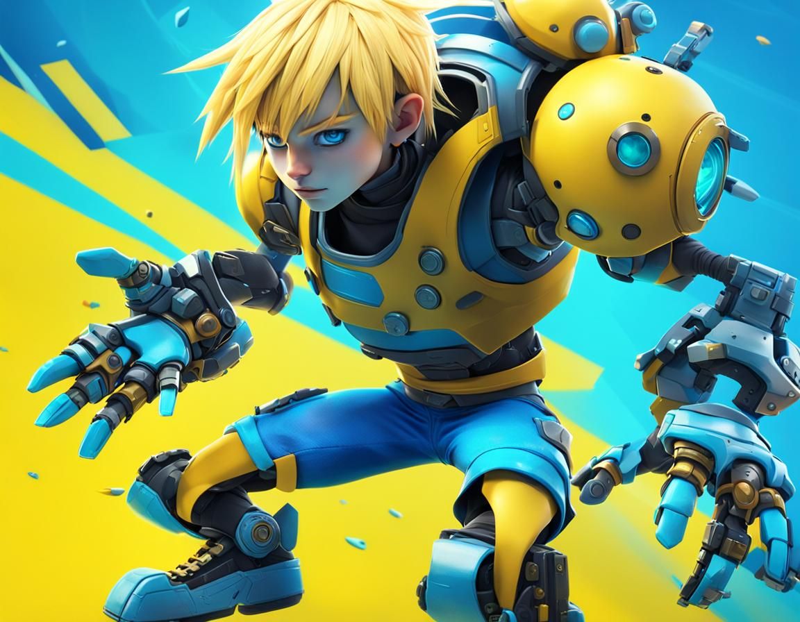 Emo Catboy Battles Robot in Anime-Style 3D Digital Art