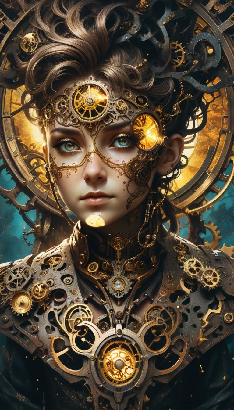 Steampunk Yggdrasil with Glowing Brass Machinery